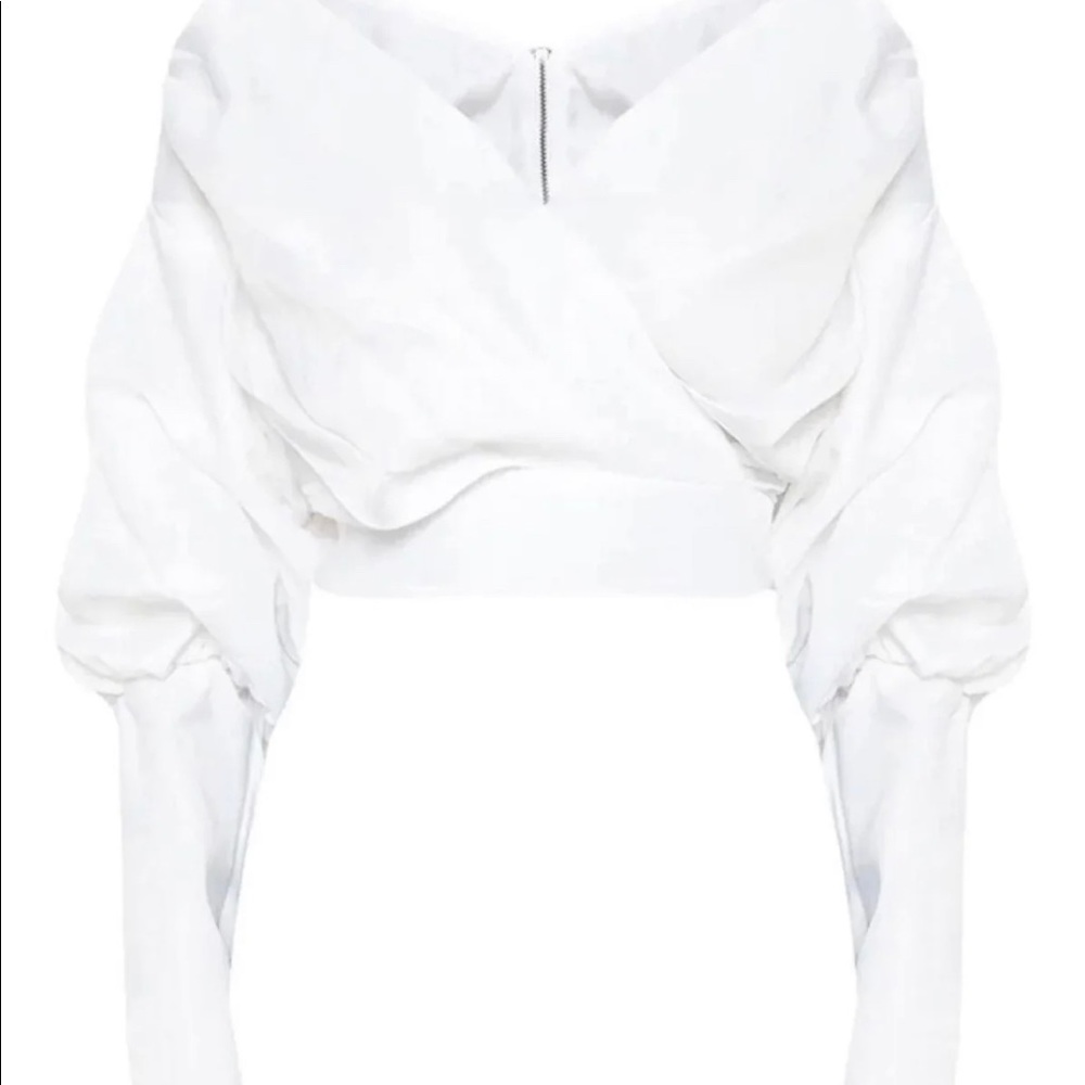 White Woven Puff Sleeve Crop Shirt